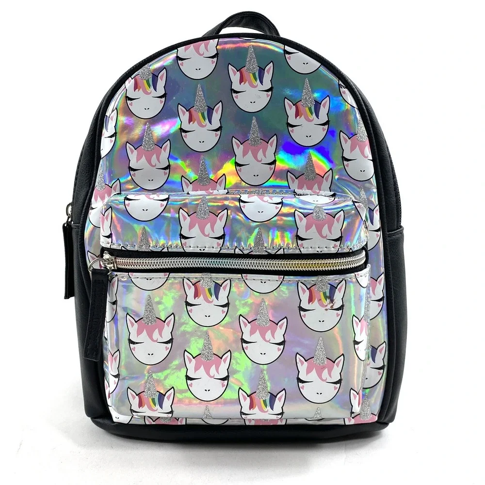 Children's Rainbow Unicorn Small Backpack Black and Silver